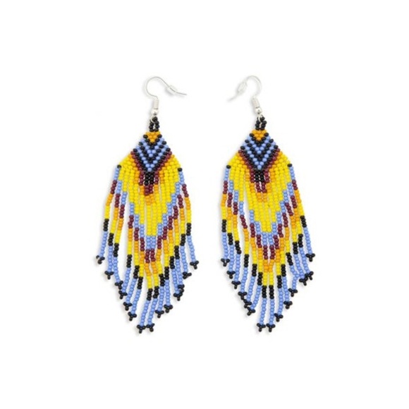 Gorgeous 🌻Hand Beaded Boho tassel boho western tribal earrings blue yellow - Picture 2 of 3